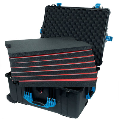 Pelican 1610 Case, Black with Blue Handles and Latches Custom Tool Kit (7 Foam Inserts with Convolute Lid Foam) ColorCase 016100-0060-110-120