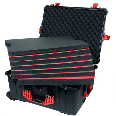 Pelican 1610 Case, Black with Red Handles and Latches Custom Tool Kit (7 Foam Inserts with Convolute Lid Foam) ColorCase 016100-0060-110-320