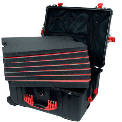 Pelican 1610 Case, Black with Red Handles and Latches Custom Tool Kit (7 Foam Inserts with Mesh Lid Organizer) ColorCase 016100-0160-110-320