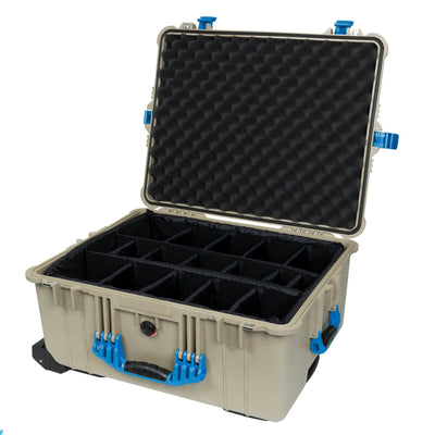 Pelican 1610 Case, Desert Tan with Blue Handles and Latches Black Padded Nylon Dividers with Convolute Lid Foam ColorCase 016100-0010-310-120