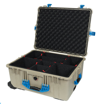 Pelican 1610 Case, Desert Tan with Blue Handles and Latches TrekPak Divider System with Convolute Lid Foam ColorCase 016100-0020-310-120