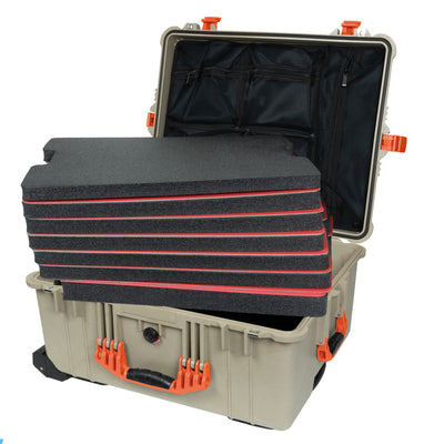 Pelican 1610 Case, Desert Tan with Orange Handles and Latches Custom Tool Kit (7 Foam Inserts with Mesh Lid Organizer) ColorCase 016100-0160-310-150