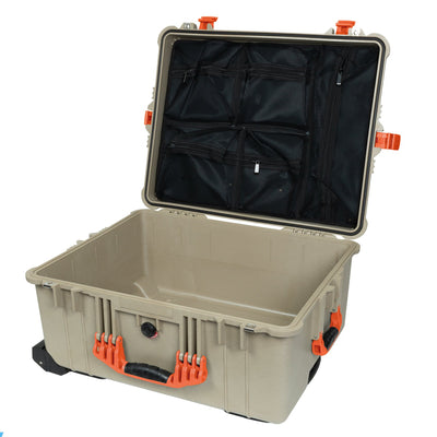 Pelican 1610 Case, Desert Tan with Orange Handles and Latches Mesh Lid Organizer Only ColorCase 016100-0100-310-150