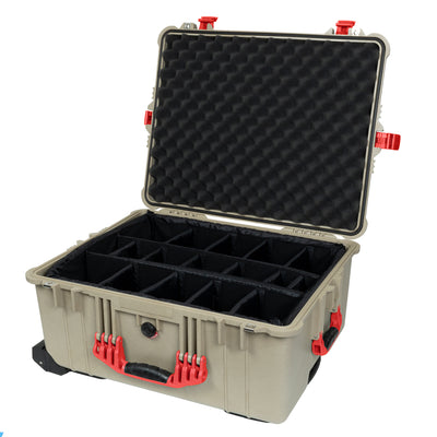 Pelican 1610 Case, Desert Tan with Red Handles and Latches Black Padded Nylon Dividers with Convolute Lid Foam ColorCase 016100-0010-310-320