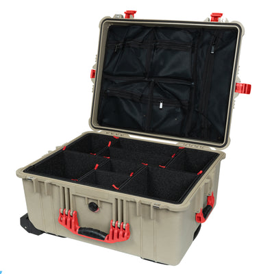 Pelican 1610 Case, Desert Tan with Red Handles and Latches TrekPak Divider System with Mesh Lid Organizer ColorCase 016100-0120-310-320
