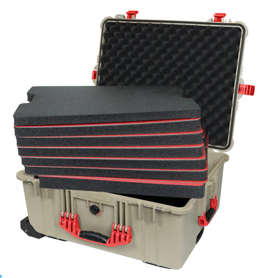 Pelican 1610 Case, Desert Tan with Red Handles and Latches Custom Tool Kit (7 Foam Inserts with Convolute Lid Foam) ColorCase 016100-0060-310-320