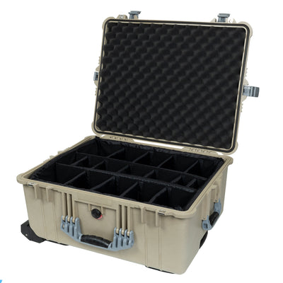 Pelican 1610 Case, Desert Tan with Silver Handles and Latches Black Padded Nylon Dividers with Convolute Lid Foam ColorCase 016100-0010-310-180