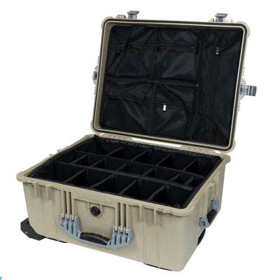 Pelican 1610 Case, Desert Tan with Silver Handles and Latches Black Padded Nylon Dividers with Mesh Lid Organizer ColorCase 016100-0110-310-180