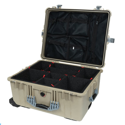 Pelican 1610 Case, Desert Tan with Silver Handles and Latches TrekPak Divider System with Mesh Lid Organizer ColorCase 016100-0120-310-180