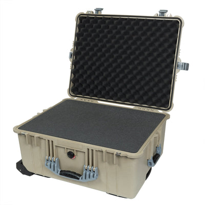 Pelican 1610 Case, Desert Tan with Silver Handles and Latches Pick & Pluck Foam with Convolute Lid Foam ColorCase 016100-0001-310-180