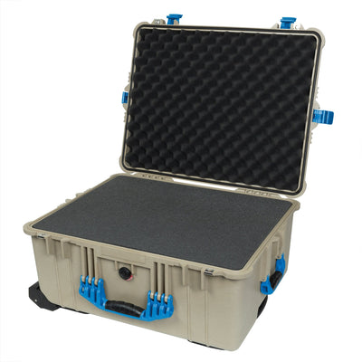 Pelican 1610 Case, Desert Tan with Blue Handles and Latches Pick & Pluck Foam with Convolute Lid Foam ColorCase 016100-0001-310-120