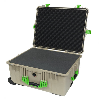 Pelican 1610 Case, Desert Tan with Lime Green Handles and Latches Pick & Pluck Foam with Convolute Lid Foam ColorCase 016100-0001-310-300