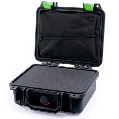 Pelican 1200 Case, Black with Lime Green Latches Pick & Pluck Foam with Zipper Pouch ColorCase 012000-0101-110-300