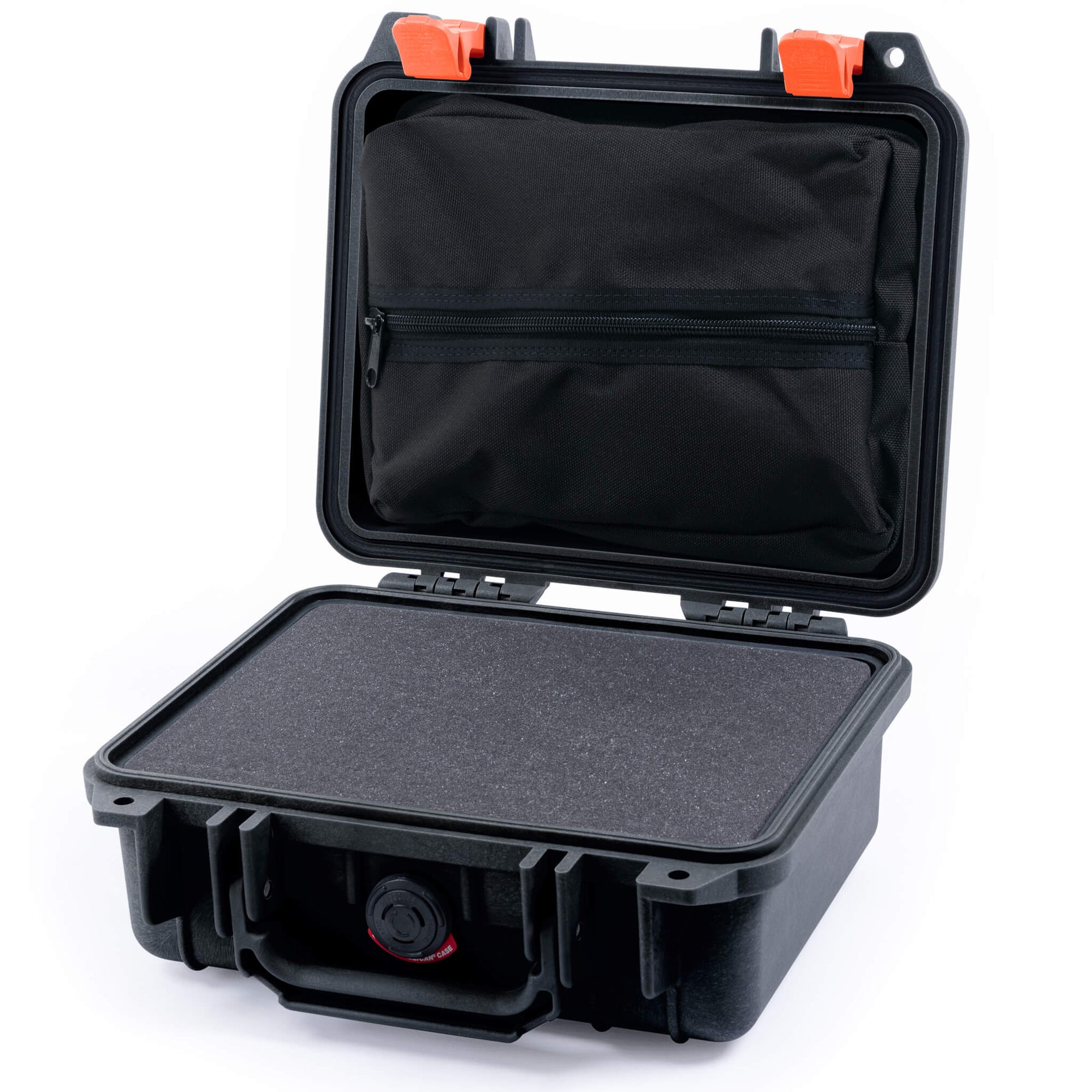 Pelican 1200 Case, Black with Orange Latches Pick & Pluck Foam with Zipper Pouch ColorCase 012000-0101-110-150