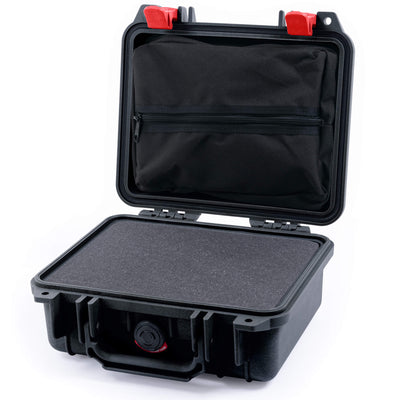 Pelican 1200 Case, Black with Red Latches Pick & Pluck Foam with Zipper Pouch ColorCase 012000-0101-110-320