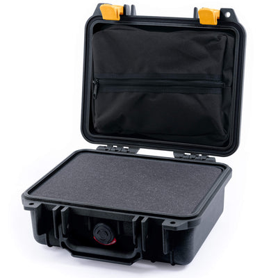 Pelican 1200 Case, Black with Yellow Latches Pick & Pluck Foam with Zipper Pouch ColorCase 012000-0101-110-240