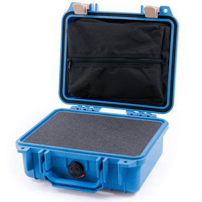 Pelican 1200 Case, Blue with Desert Tan Latches Pick & Pluck Foam with Zipper Pouch ColorCase 012000-0101-120-310