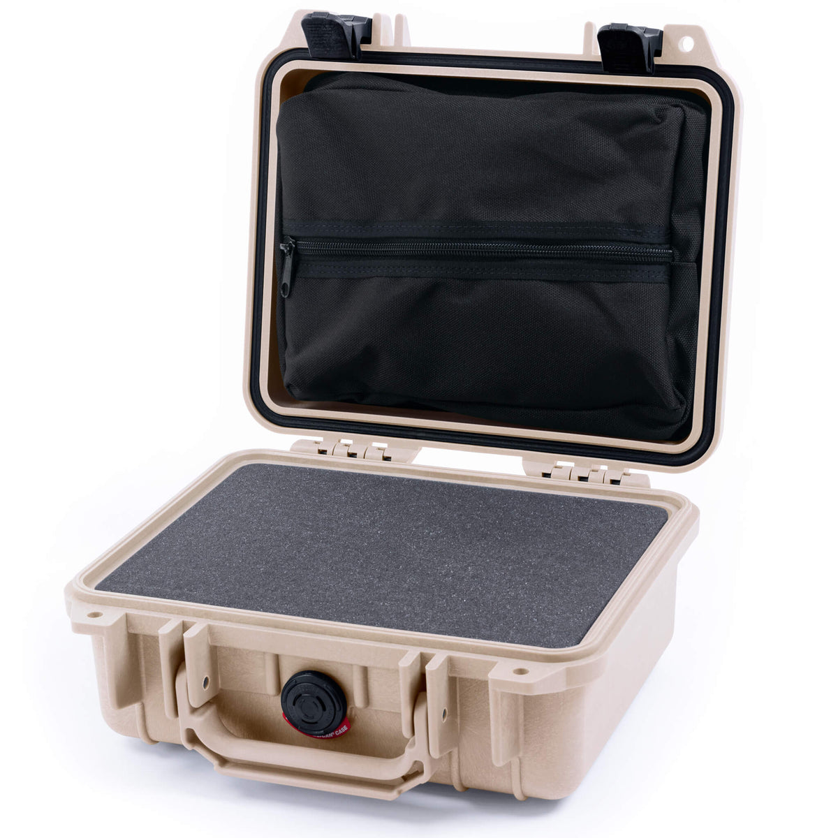 Pelican 1200 Case, Desert Tan with Black Latches Pick &amp; Pluck Foam with Zipper Pouch ColorCase 012000-0101-310-110