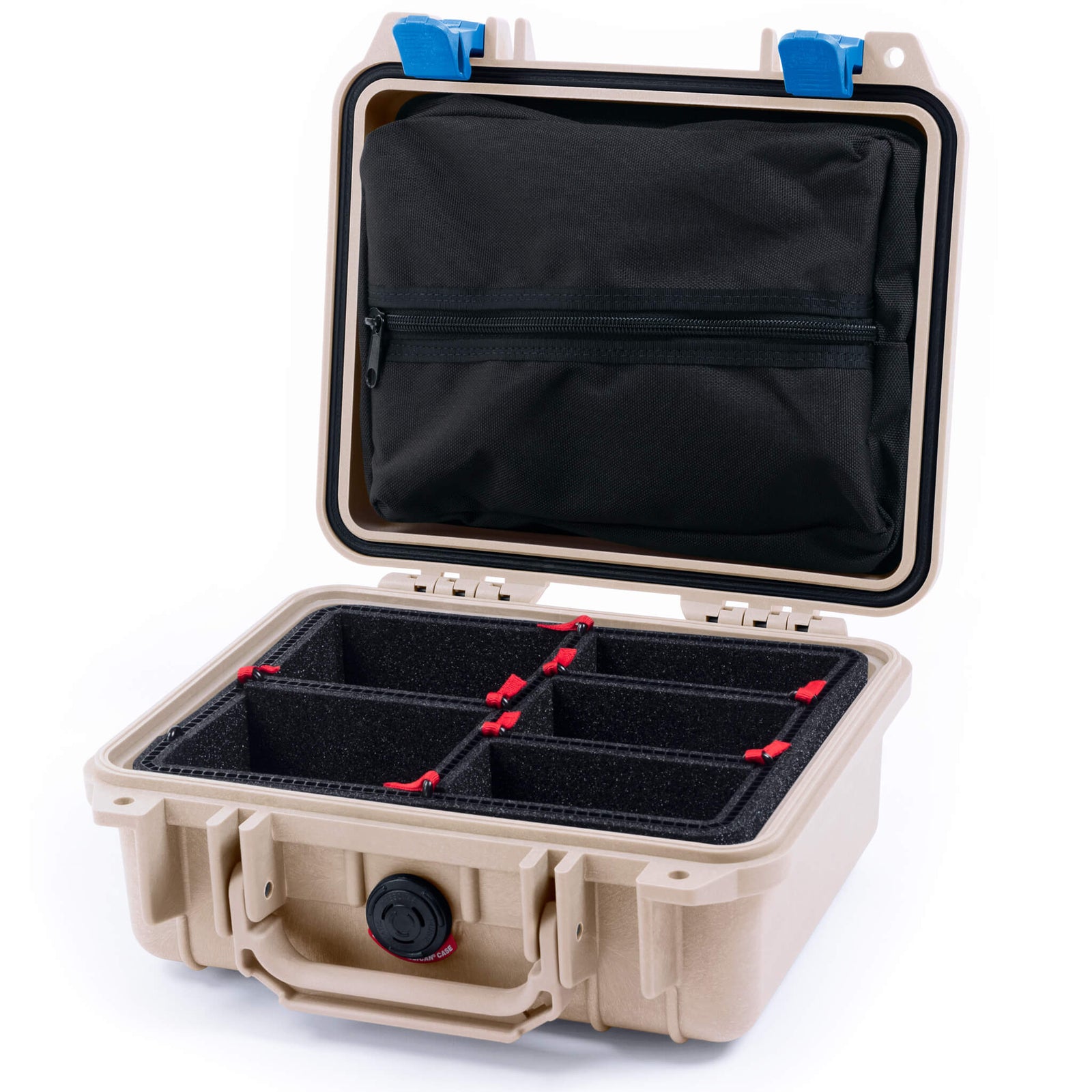 Pelican 1200 Case, Desert Tan with Blue Latches TrekPak with Zipper Pouch ColorCase 012000-0120-310-120