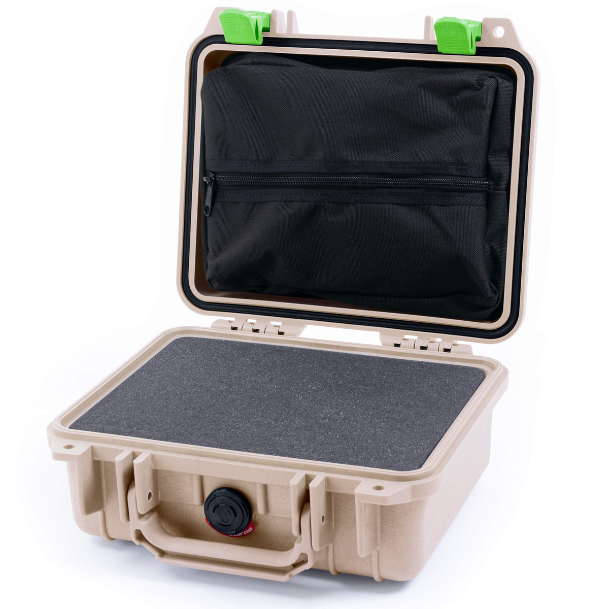 Pelican 1200 Case, Desert Tan with Lime Green Latches Pick &amp; Pluck Foam with Zipper Pouch ColorCase 012000-0101-310-300