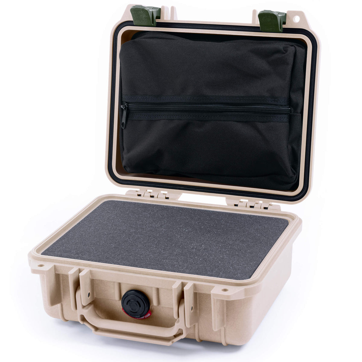 Pelican 1200 Case, Desert Tan with OD Green Latches Pick &amp; Pluck Foam with Zipper Pouch ColorCase 012000-0101-310-130