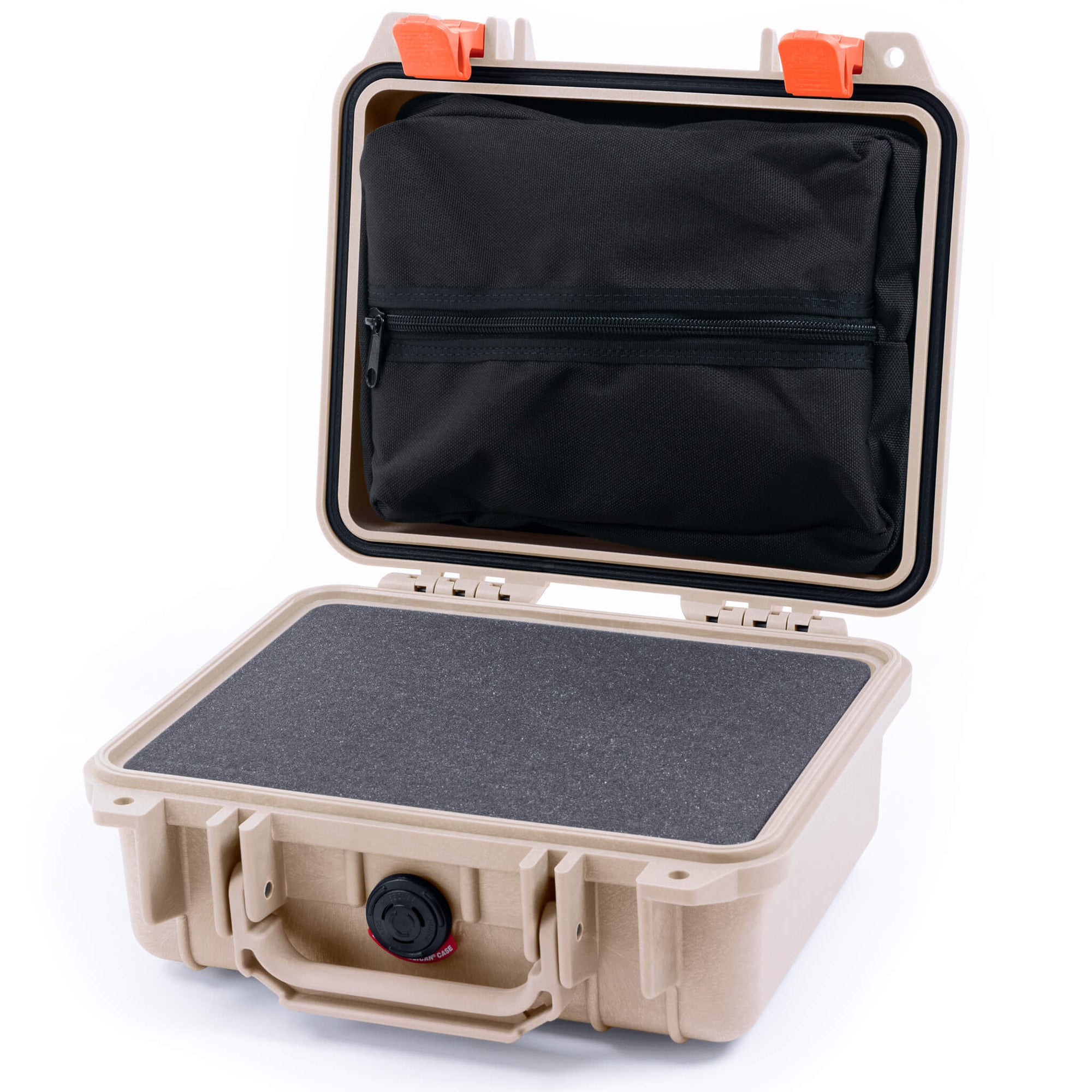 Pelican 1200 Case, Desert Tan with Orange Latches Pick & Pluck Foam with Zipper Pouch ColorCase 012000-0101-310-150