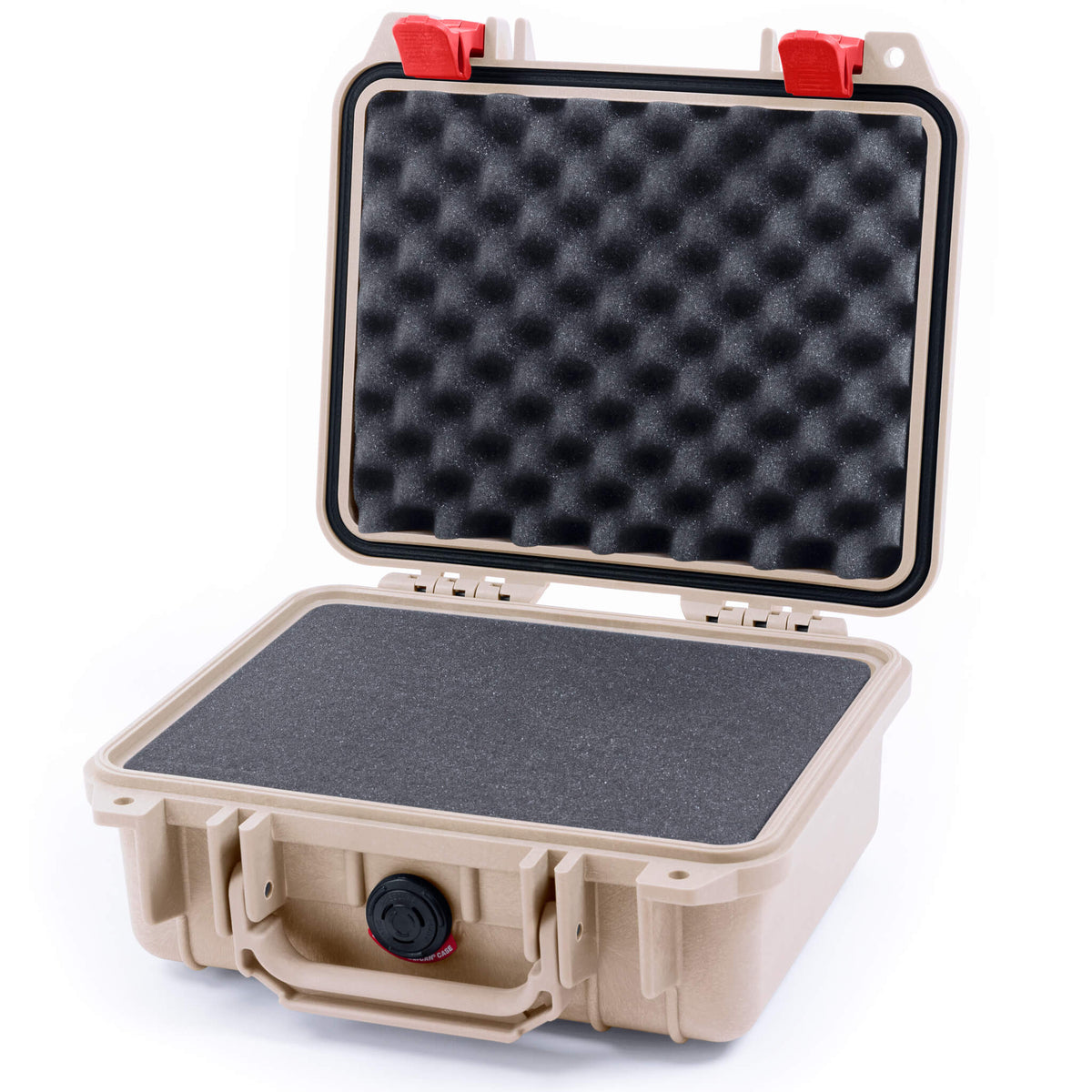 Pelican 1200 Case, Desert Tan with Red Latches Pick &amp; Pluck Foam with Convolute Foam ColorCase 012000-0001-310-320