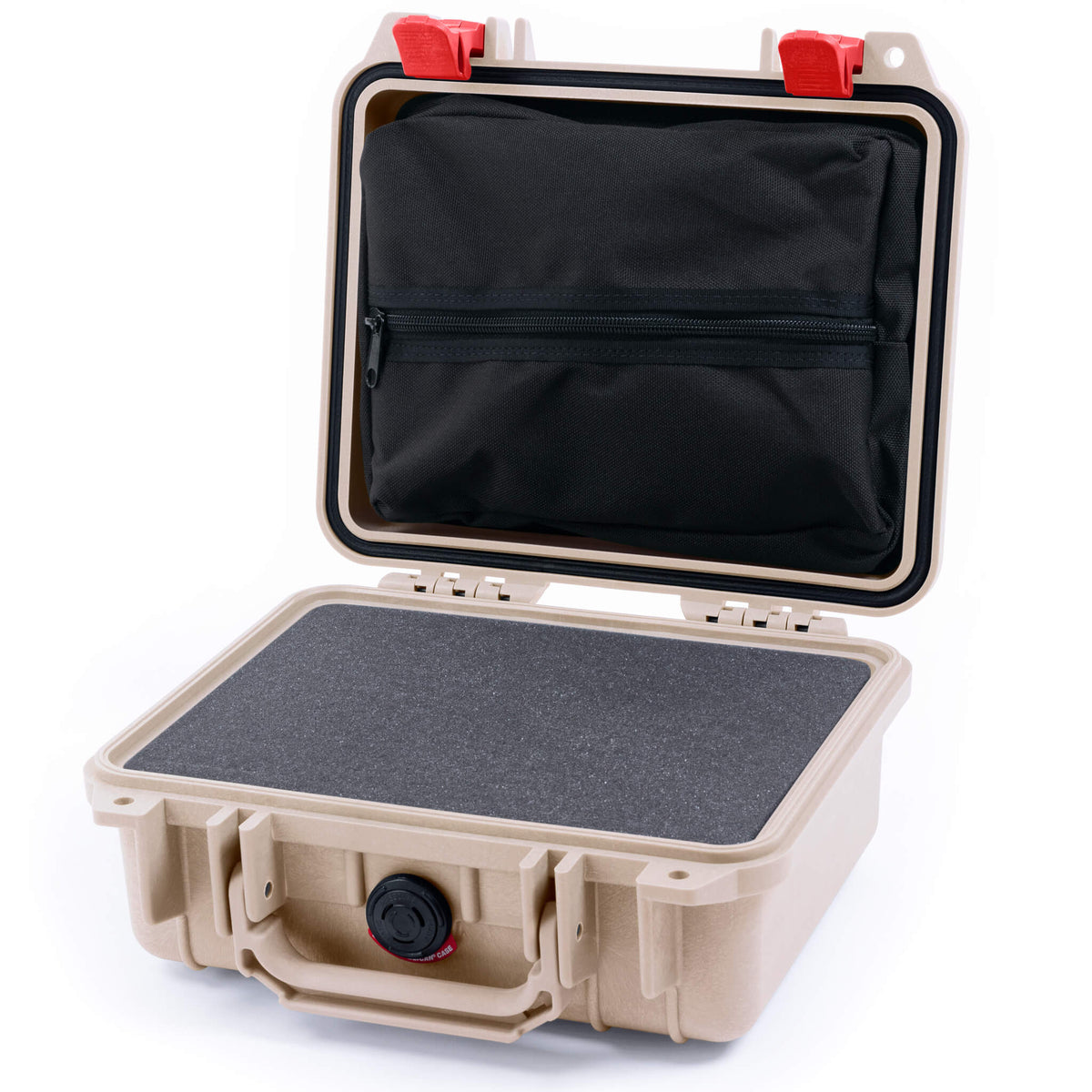 Pelican 1200 Case, Desert Tan with Red Latches Pick &amp; Pluck Foam with Zipper Pouch ColorCase 012000-0101-310-320