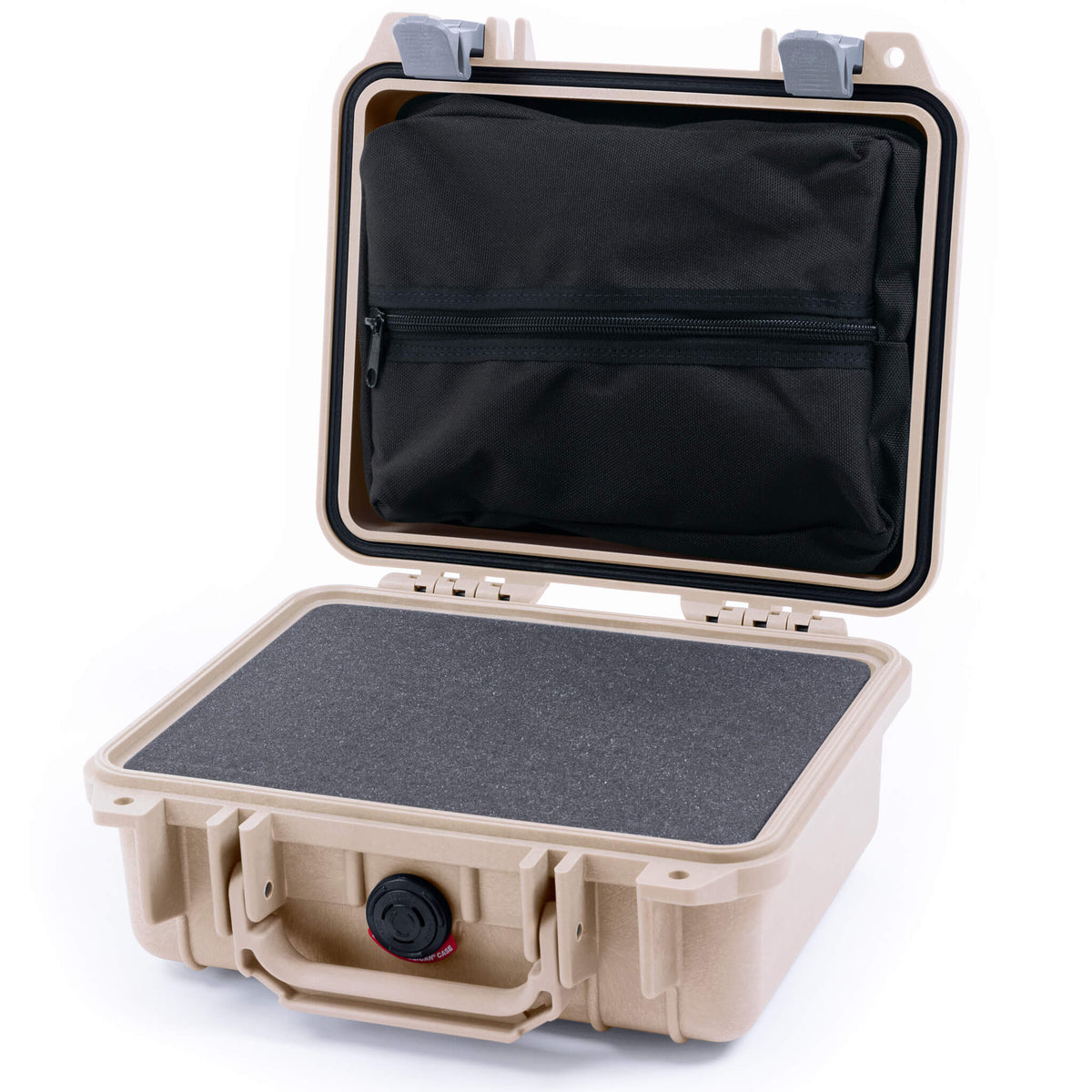 Pelican 1200 Case, Desert Tan with Silver Latches Pick &amp; Pluck Foam with Zipper Pouch ColorCase 012000-0101-310-180
