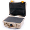 Pelican 1200 Case, Desert Tan with Yellow Latches Pick & Pluck Foam with Zipper Pouch ColorCase 012000-0101-310-240