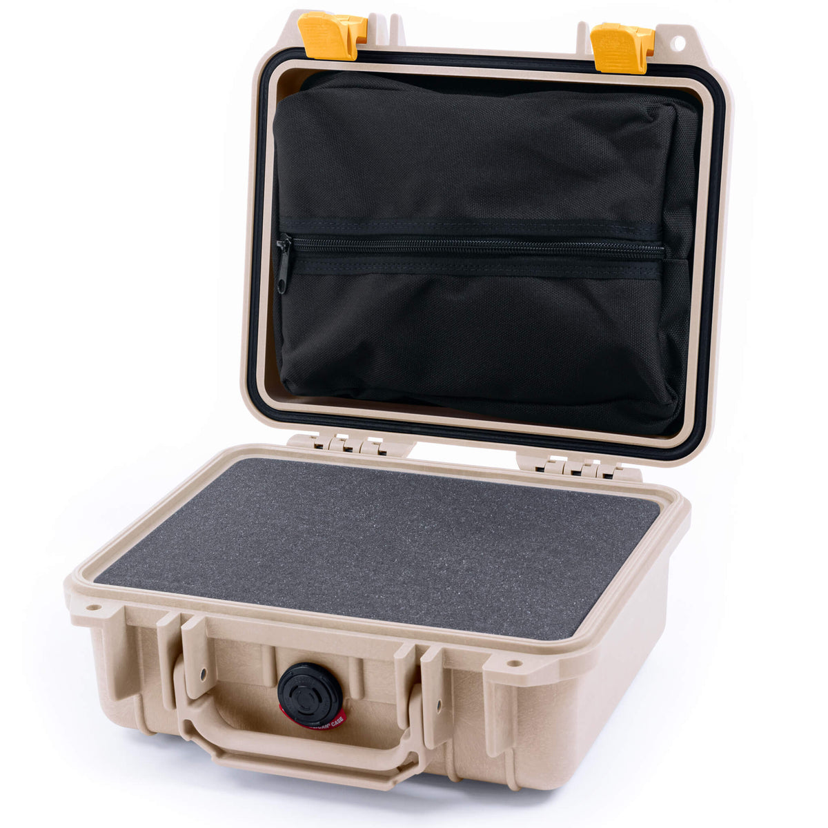 Pelican 1200 Case, Desert Tan with Yellow Latches Pick &amp; Pluck Foam with Zipper Pouch ColorCase 012000-0101-310-240