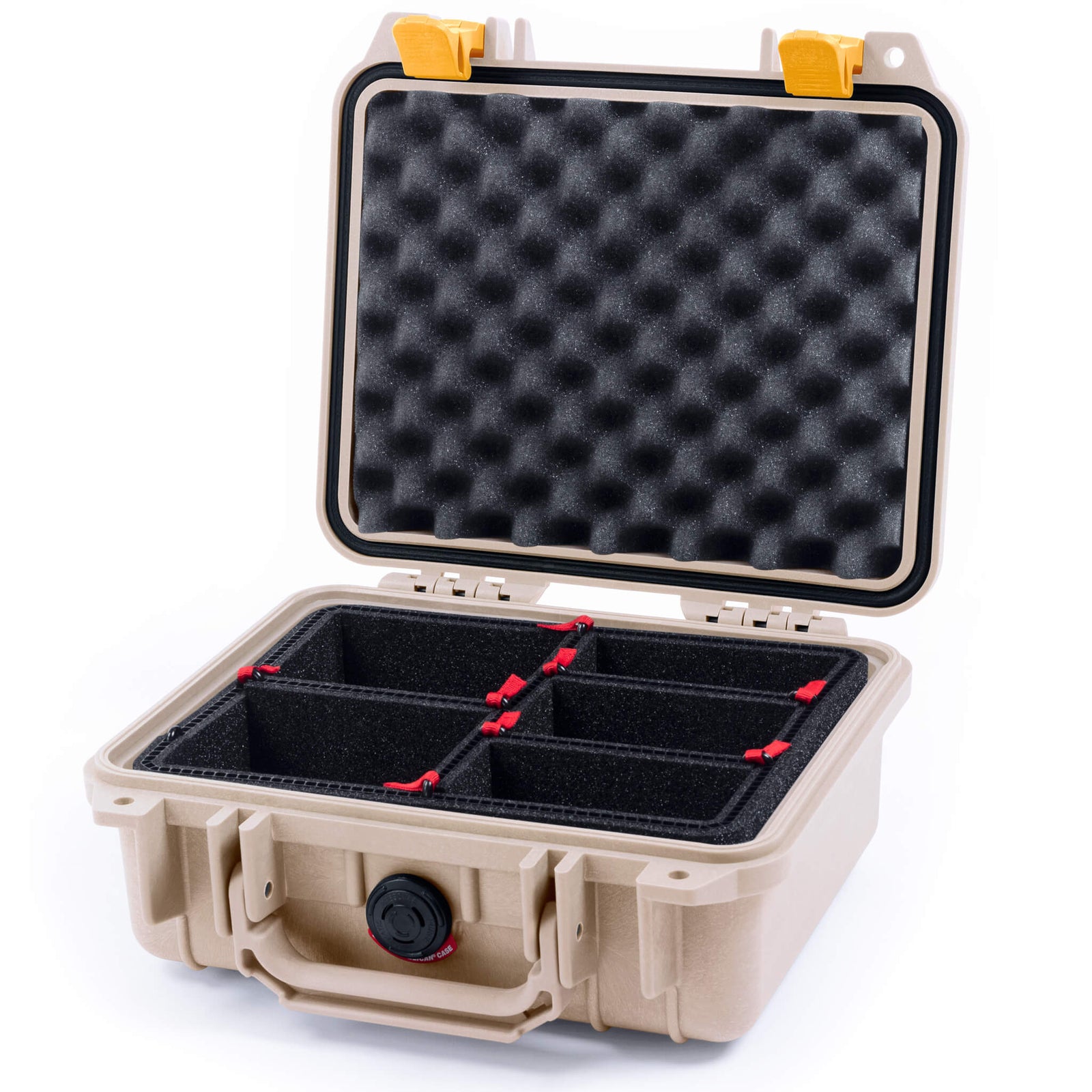 Pelican 1200 Case, Desert Tan with Yellow Latches TrekPak with Convolute Foam ColorCase 012000-0020-310-240