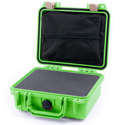 Pelican 1200 Case, Lime Green with Desert Tan Latches Pick & Pluck Foam with Zipper Pouch ColorCase 012000-0101-300-310