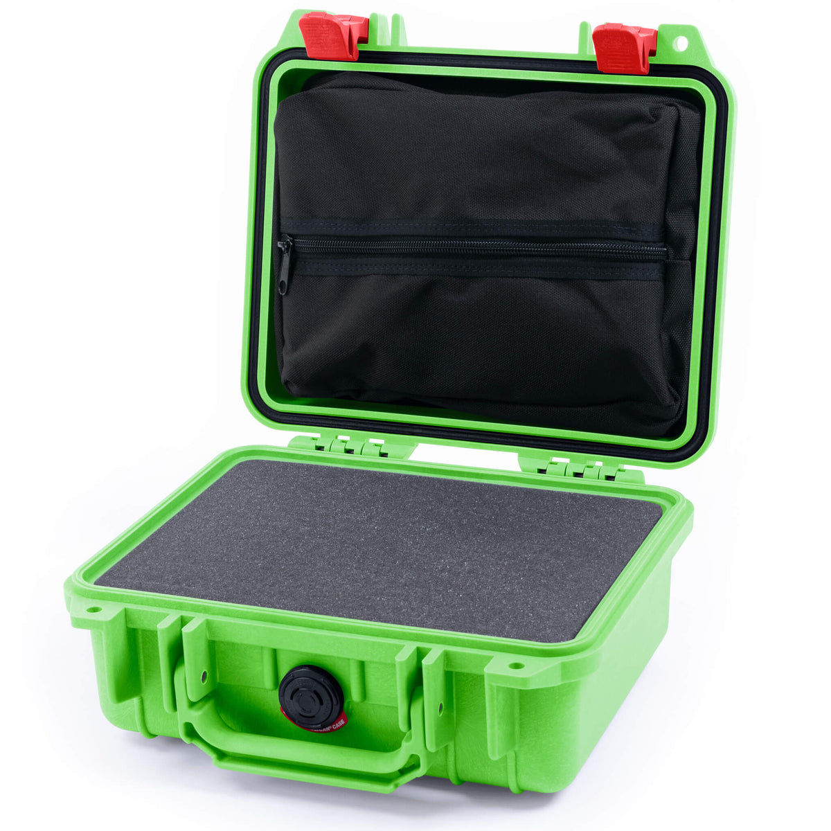Pelican 1200 Case, Lime Green with Red Latches Pick &amp; Pluck Foam with Zipper Pouch ColorCase 012000-0101-300-320