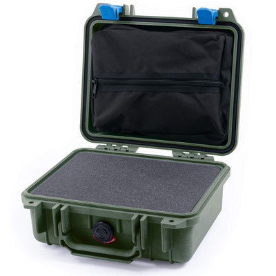 Pelican 1200 Case, OD Green with Blue Latches Pick & Pluck Foam with Zipper Pouch ColorCase 012000-0101-130-120