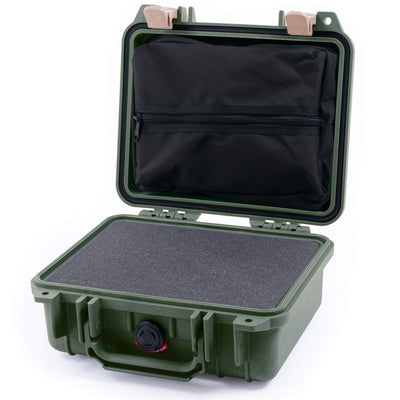 Pelican 1200 Case, OD Green with Desert Tan Latches Pick & Pluck Foam with Zipper Pouch ColorCase 012000-0101-130-310
