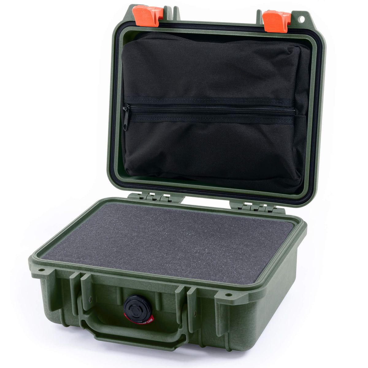 Pelican 1200 Case, OD Green with Orange Latches Pick &amp; Pluck Foam with Zipper Pouch ColorCase 012000-0101-130-150