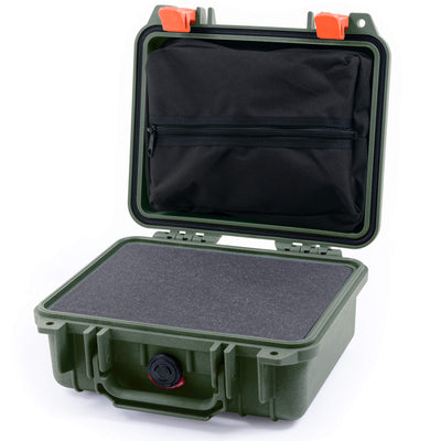 Pelican 1200 Case, OD Green with Orange Latches Pick & Pluck Foam with Zipper Pouch ColorCase 012000-0101-130-150