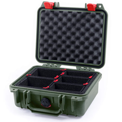Pelican 1200 Case, OD Green with Red Latches TrekPak with Convolute Foam ColorCase 012000-0020-130-320
