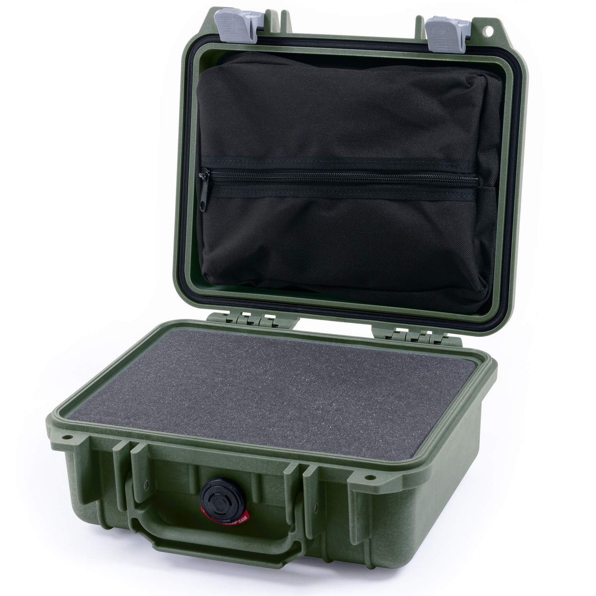 Pelican 1200 Case, OD Green with Silver Latches Pick &amp; Pluck Foam with Zipper Pouch ColorCase 012000-0101-130-180