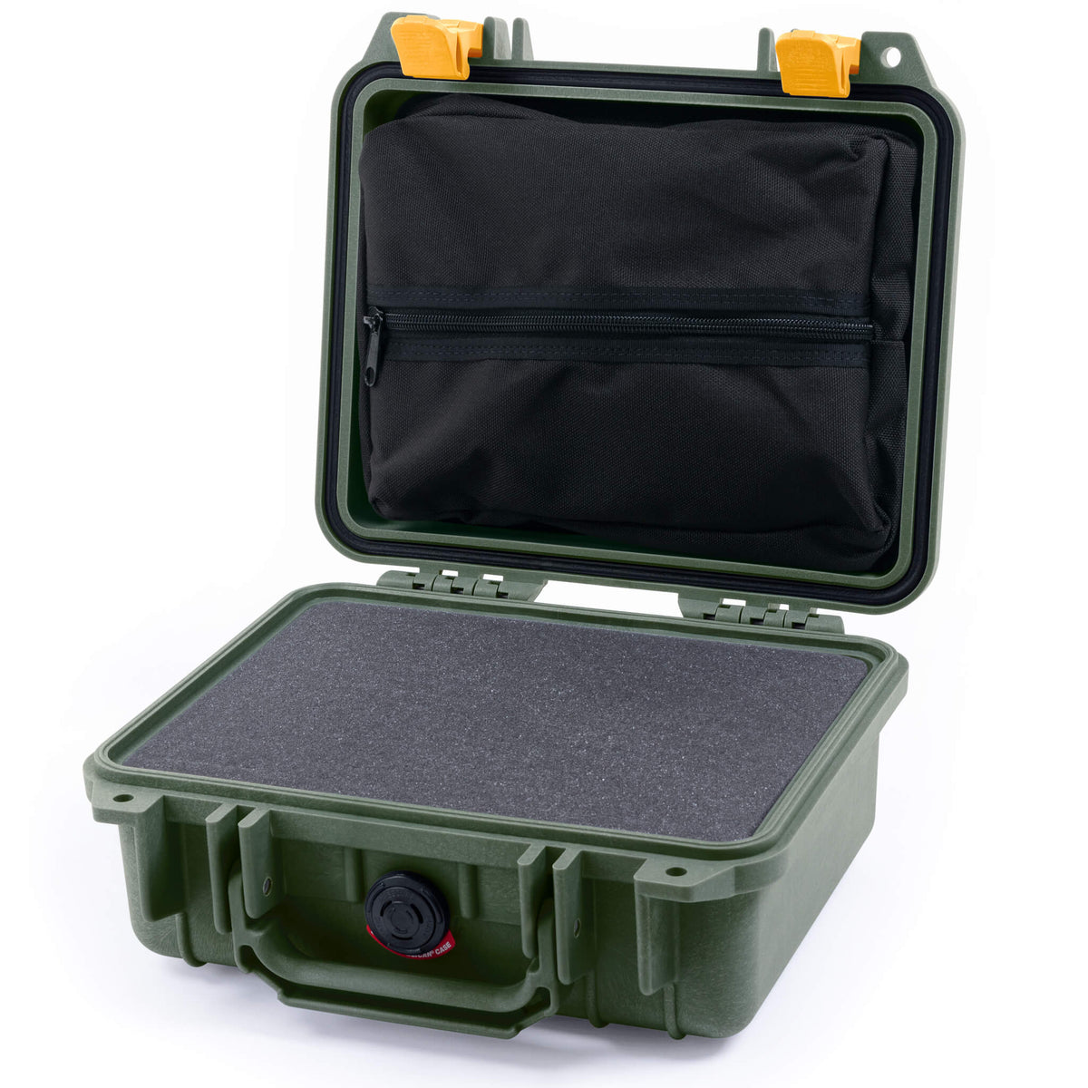 Pelican 1200 Case, OD Green with Yellow Latches Pick &amp; Pluck Foam with Zipper Pouch ColorCase 012000-0101-130-240