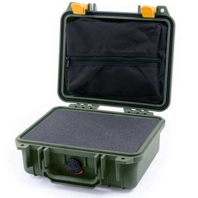 Pelican 1200 Case, OD Green with Yellow Latches Pick & Pluck Foam with Zipper Pouch ColorCase 012000-0101-130-240
