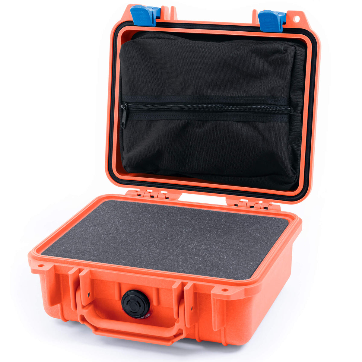 Pelican 1200 Case, Orange with Blue Latches Pick &amp; Pluck Foam with Zipper Pouch ColorCase 012000-0101-150-120