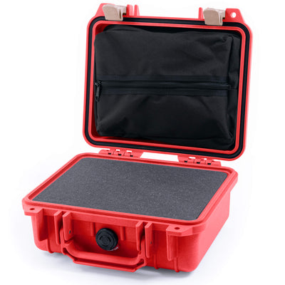 Pelican 1200 Case, Red with Desert Tan Latches Pick & Pluck Foam with Zipper Pouch ColorCase 012000-0101-320-310