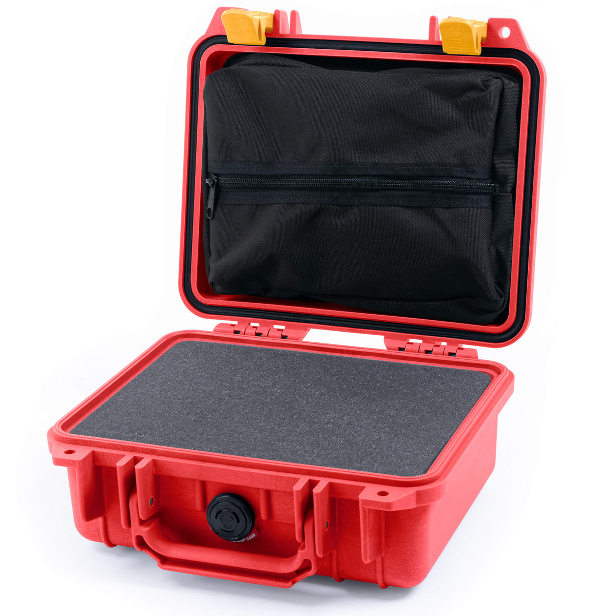 Pelican 1200 Case, Red with Yellow Latches Pick &amp; Pluck Foam with Zipper Pouch ColorCase 012000-0101-320-240