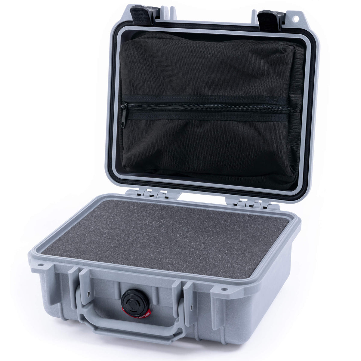 Pelican 1200 Case, Silver with Black Latches Pick &amp; Pluck Foam with Zipper Pouch ColorCase 012000-0101-180-110