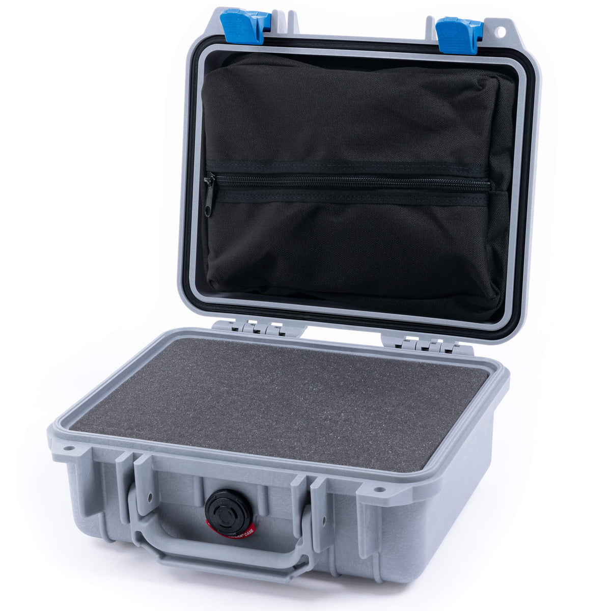 Pelican 1200 Case, Silver with Blue Latches Pick &amp; Pluck Foam with Zipper Pouch ColorCase 012000-0101-180-120