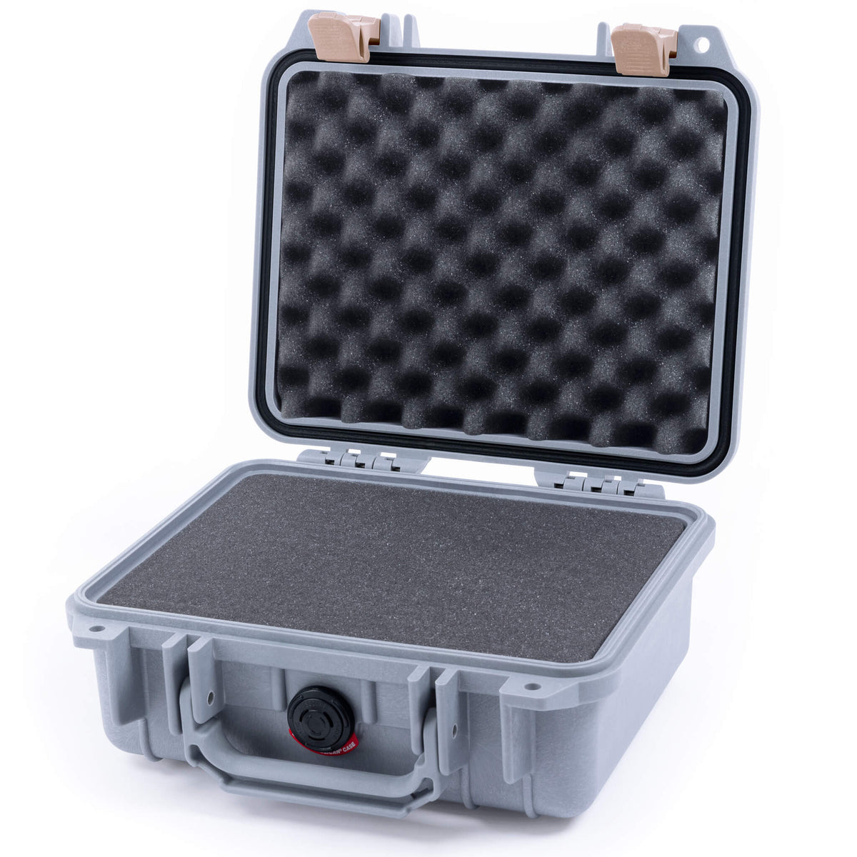 Pelican 1200 Case, Silver with Desert Tan Latches Pick &amp; Pluck Foam with Convolute Foam ColorCase 012000-0001-180-310