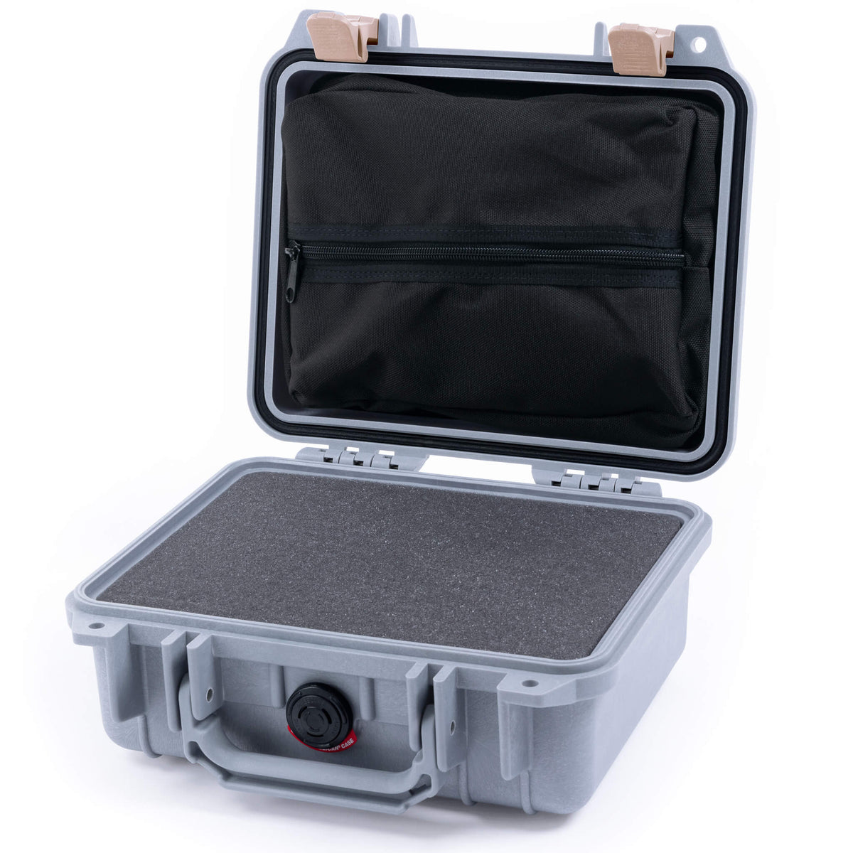 Pelican 1200 Case, Silver with Desert Tan Latches Pick &amp; Pluck Foam with Zipper Pouch ColorCase 012000-0101-180-310