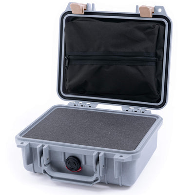 Pelican 1200 Case, Silver with Desert Tan Latches Pick & Pluck Foam with Zipper Pouch ColorCase 012000-0101-180-310